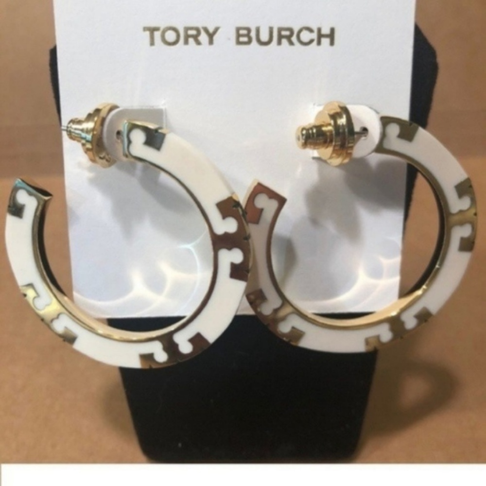 NWT TORY BURCH T-STRIPE IVORY GOLD HOOP EARRINGS - Picture 3 of 7